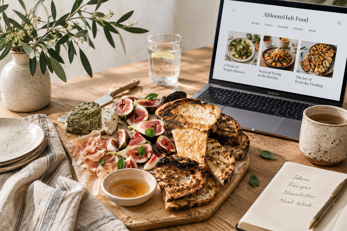 料理とノート、パソコンを並べたAbloomHub Foodのワークスペース